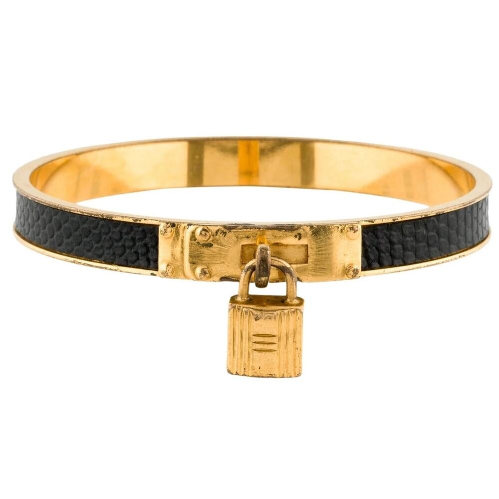 101. Hermes Lizard Kelly Lock Black & Gold Bangle - Picture 1 of 7